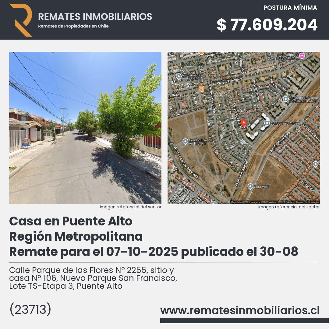 Imagen ficha Calle Parque de las Flores Nº 2255, sitio y casa Nº 106, Nuevo Parque San Francisco, Lote TS-Etapa 3, Puente Alto