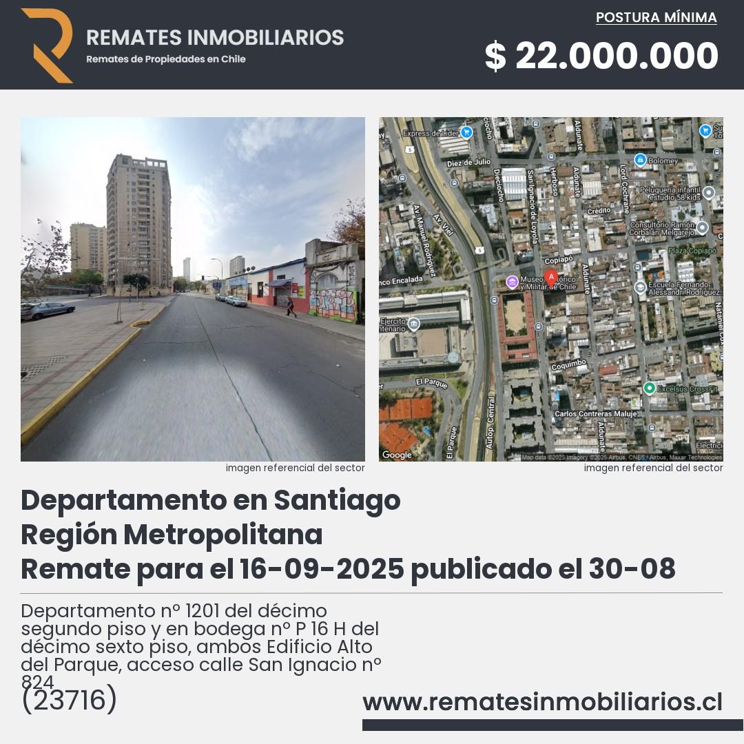 Imagen ficha Departamento nº 1201 del décimo segundo piso y en bodega nº P 16 H del décimo sexto piso, ambos Edificio Alto del Parque, acceso calle San Ignacio nº 824