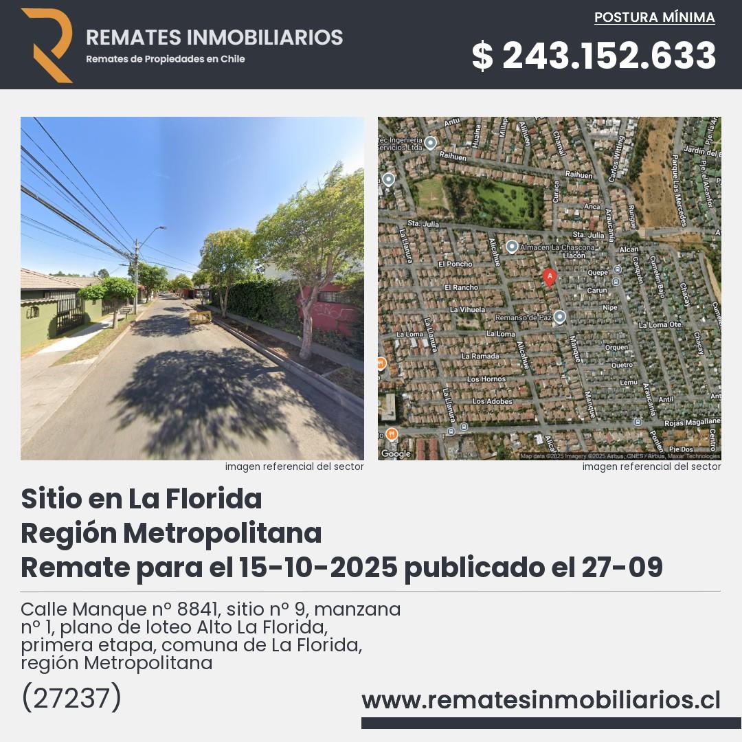 Imagen ficha Calle Manque nº 8841, sitio nº 9, manzana nº 1, plano de loteo Alto La Florida, primera etapa, comuna de La Florida, región Metropolitana