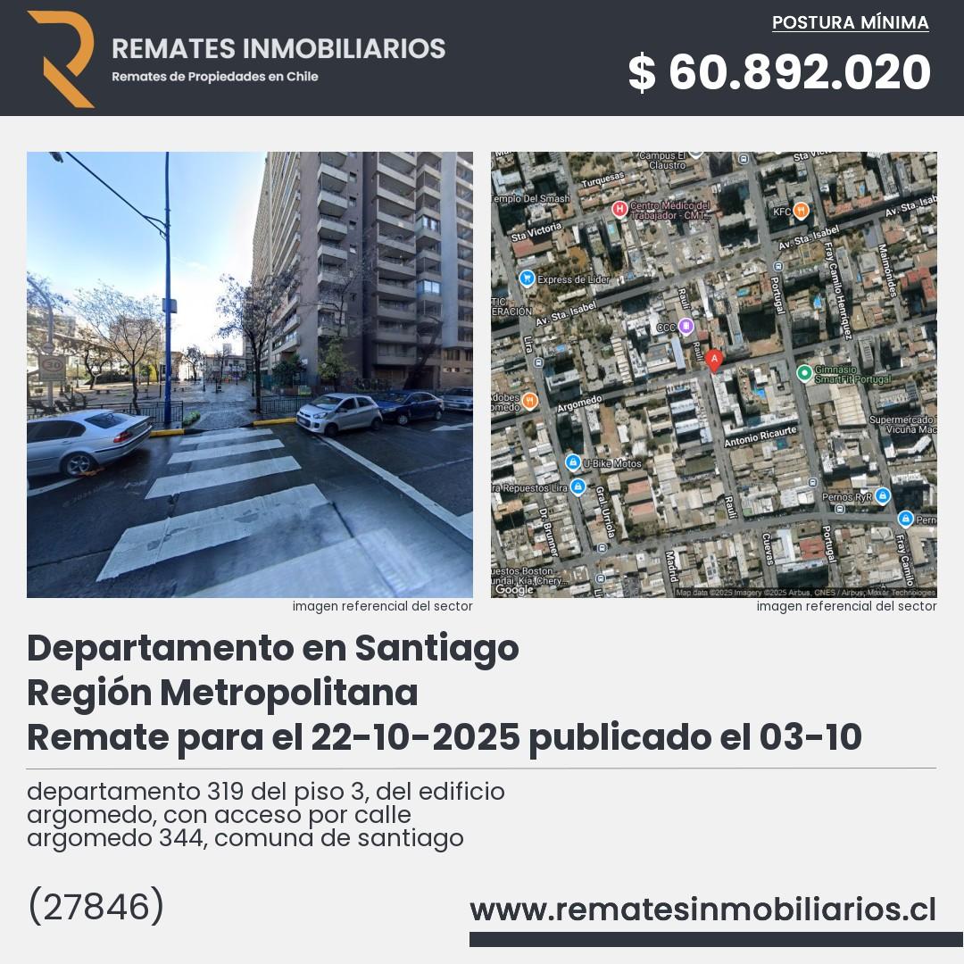 Imagen ficha departamento 319 del piso 3, del edificio argomedo, con acceso por calle argomedo 344, comuna de santiago