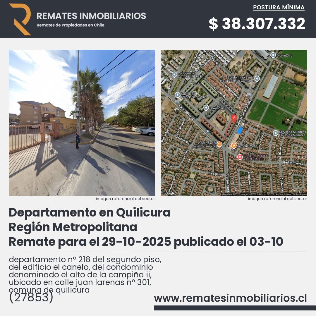 Imagen ficha departamento nº 218 del segundo piso, del edificio el canelo, del condominio denominado el alto de la campiña ii, ubicado en calle juan larenas nº 301, comuna de quilicura