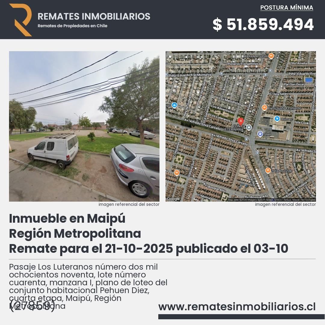 Imagen ficha Pasaje Los Luteranos número dos mil ochocientos noventa, lote número cuarenta, manzana I, plano de loteo del conjunto habitacional Pehuen Diez, cuarta etapa, Maipú, Región Metropolitana