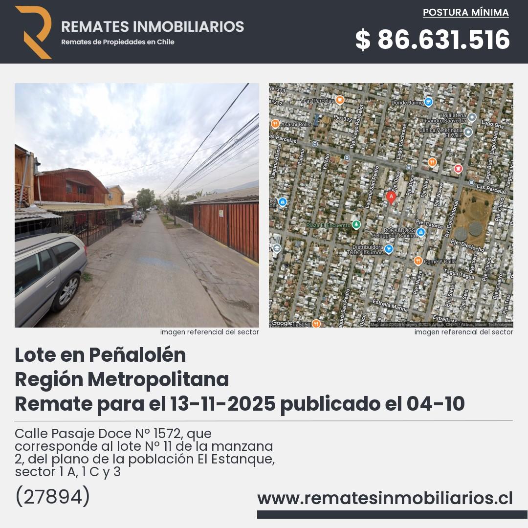 Imagen ficha Calle Pasaje Doce Nº 1572, que corresponde al lote Nº 11 de la manzana 2, del plano de la población El Estanque, sector 1 A, 1 C y 3