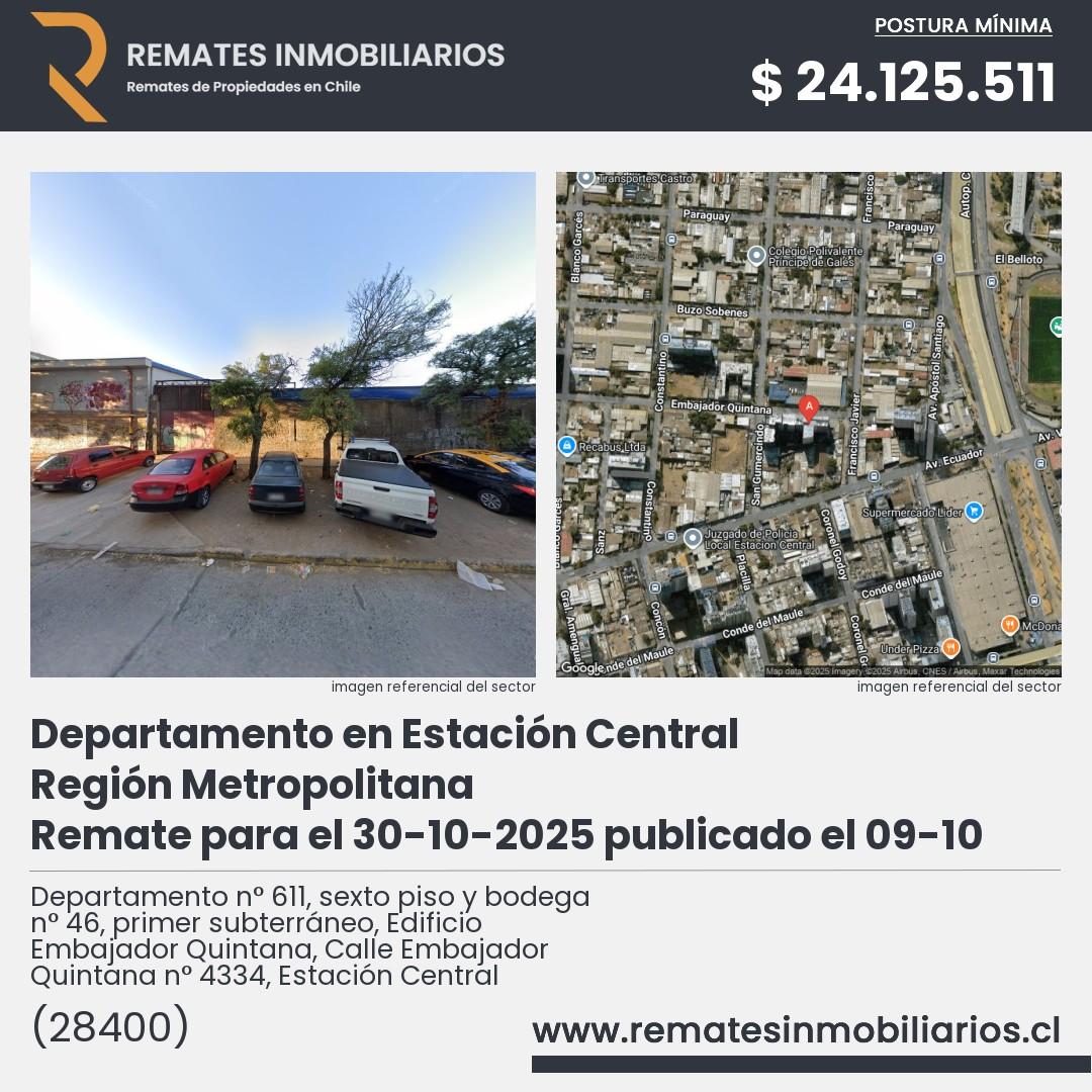 Imagen ficha Departamento n° 611, sexto piso y bodega n° 46, primer subterráneo, Edificio Embajador Quintana, Calle Embajador Quintana n° 4334, Estación Central