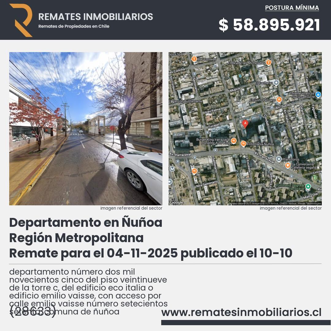 Imagen ficha departamento número dos mil novecientos cinco del piso veintinueve de la torre c, del edificio eco italia o edificio emilio vaisse, con acceso por calle emilio vaisse número setecientos setenta, comuna de ñuñoa