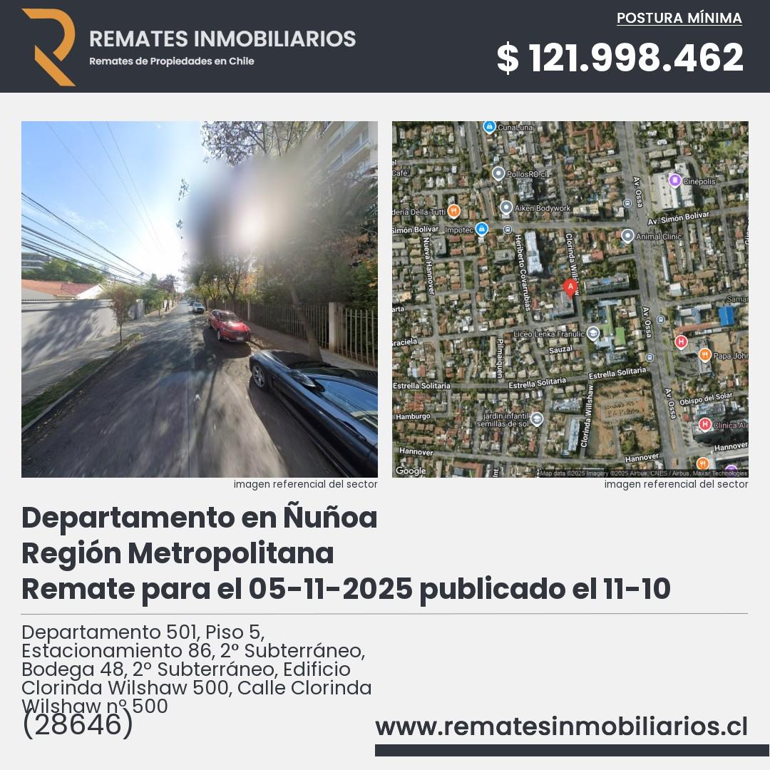 Imagen ficha Departamento 501, Piso 5, Estacionamiento 86, 2° Subterráneo, Bodega 48, 2º Subterráneo, Edificio Clorinda Wilshaw 500, Calle Clorinda Wilshaw nº 500