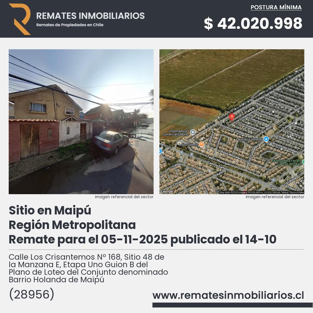 Imagen ficha Calle Los Crisantemos Nº 168, Sitio 48 de la Manzana E, Etapa Uno Guion B del Plano de Loteo del Conjunto denominado Barrio Holanda de Maipú