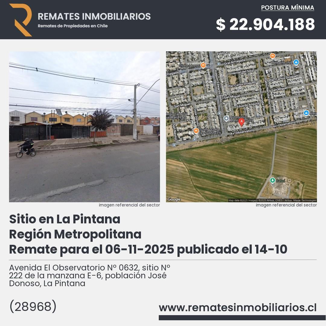 Imagen ficha Avenida El Observatorio Nº 0632, sitio Nº 222 de la manzana E-6, población José Donoso, La Pintana