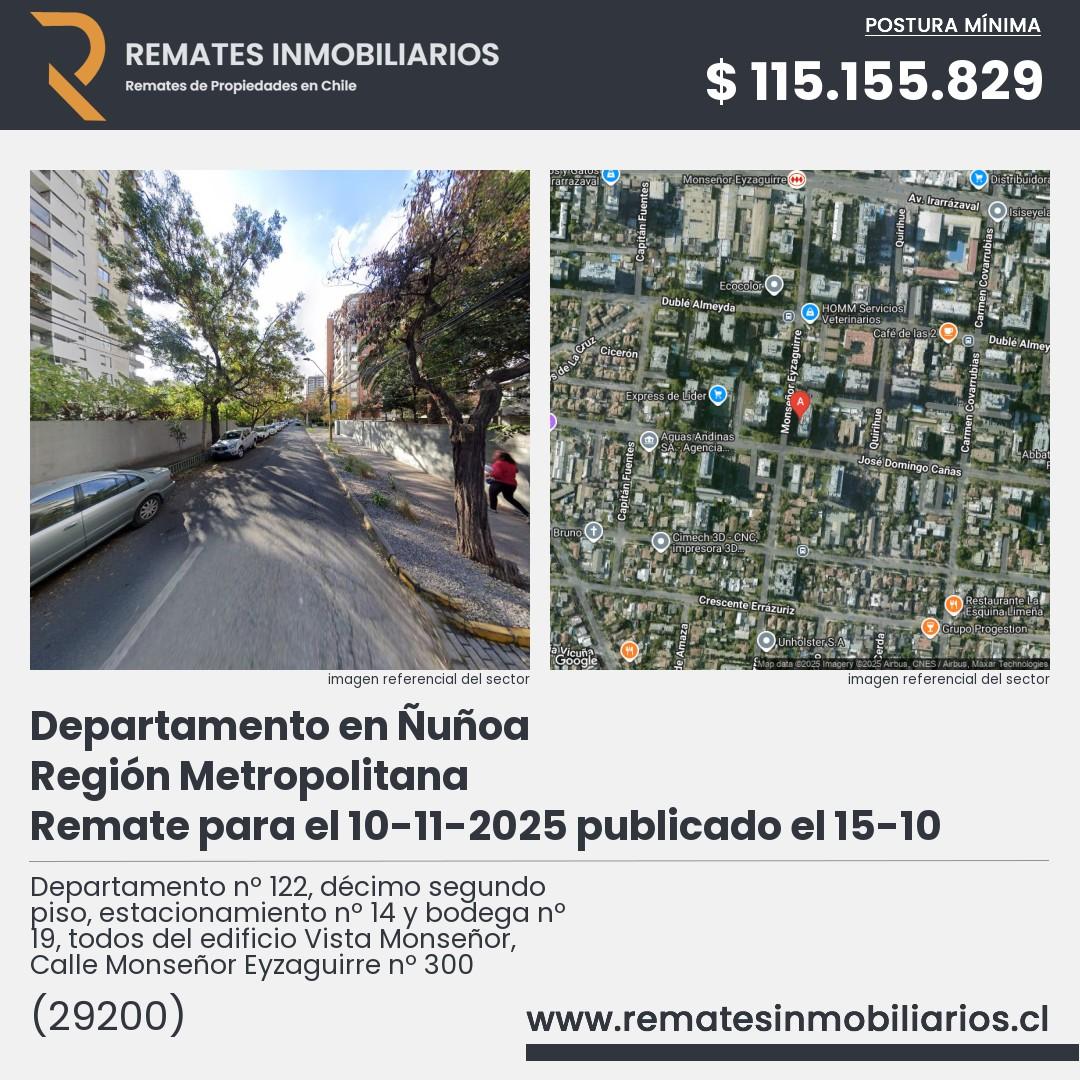 Imagen ficha Departamento nº 122, décimo segundo piso, estacionamiento nº 14 y bodega nº 19, todos del edificio Vista Monseñor, Calle Monseñor Eyzaguirre nº 300