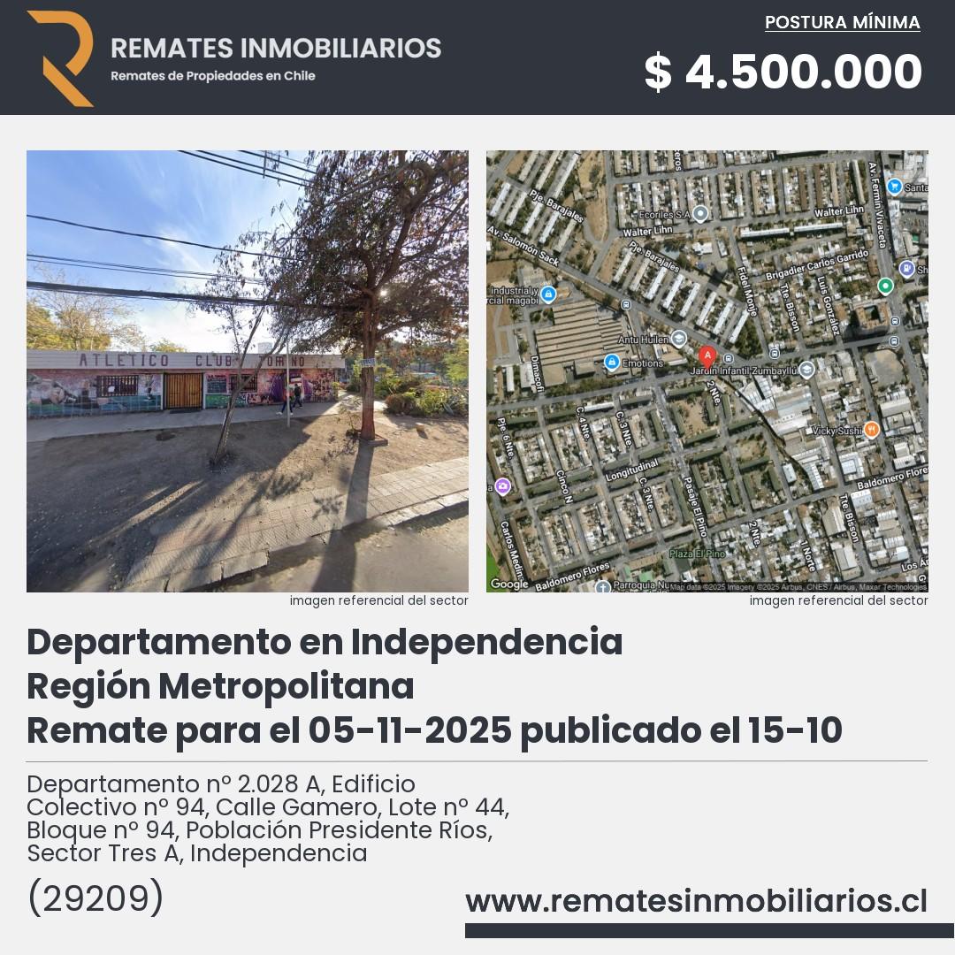 Imagen ficha Departamento nº 2.028 A, Edificio Colectivo nº 94, Calle Gamero, Lote nº 44, Bloque nº 94, Población Presidente Ríos, Sector Tres A, Independencia