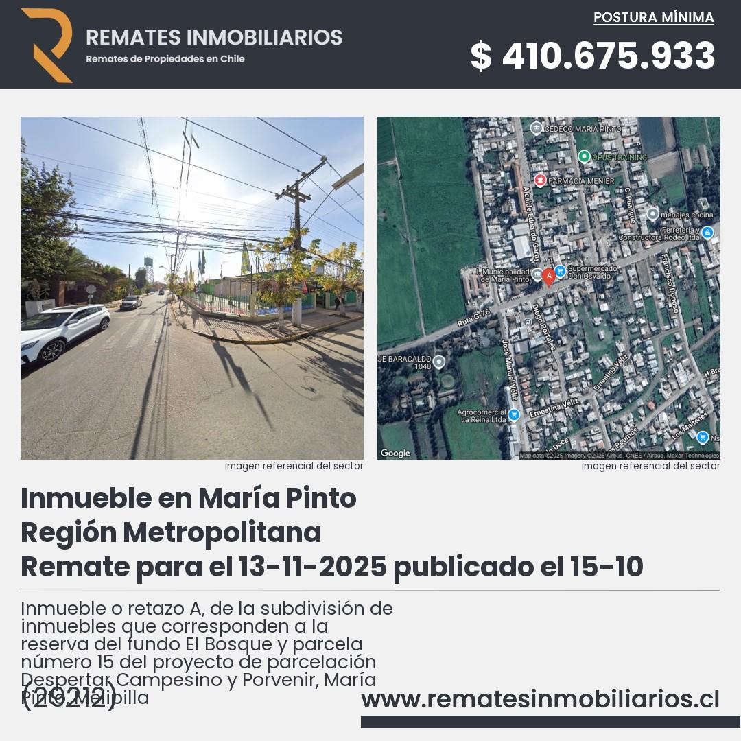 Imagen ficha Inmueble o retazo A, de la subdivisión de inmuebles que corresponden a la reserva del fundo El Bosque y parcela número 15 del proyecto de parcelación Despertar Campesino y Porvenir, María Pinto, Melipilla