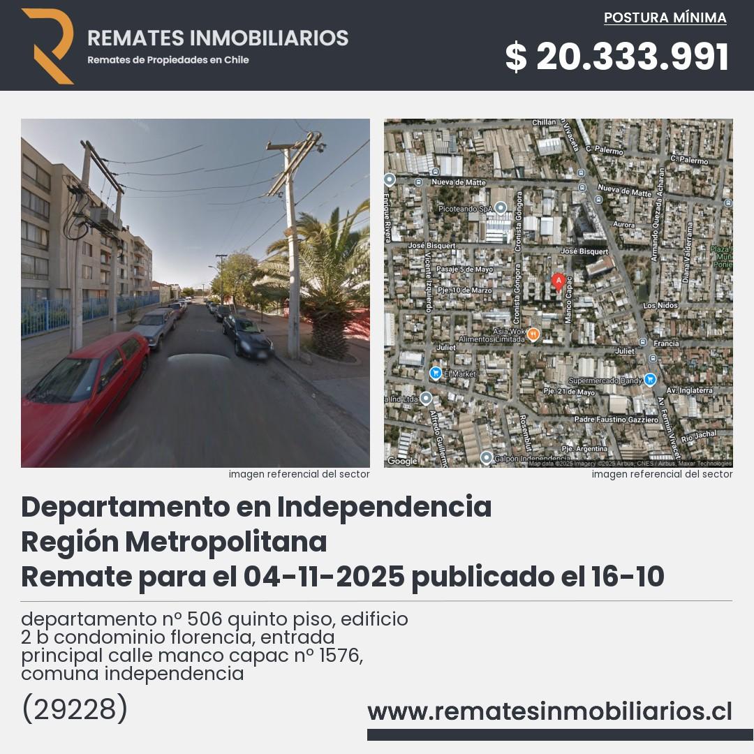 Imagen ficha departamento nº 506 quinto piso, edificio 2 b condominio florencia, entrada principal calle manco capac nº 1576, comuna independencia