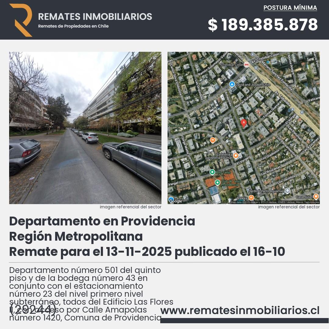 Imagen ficha Departamento número 501 del quinto piso y de la bodega número 43 en conjunto con el estacionamiento número 23 del nivel primero nivel subterráneo, todos del Edificio Las Flores II, con acceso por Calle Amapolas número 1420, Comuna de Providencia