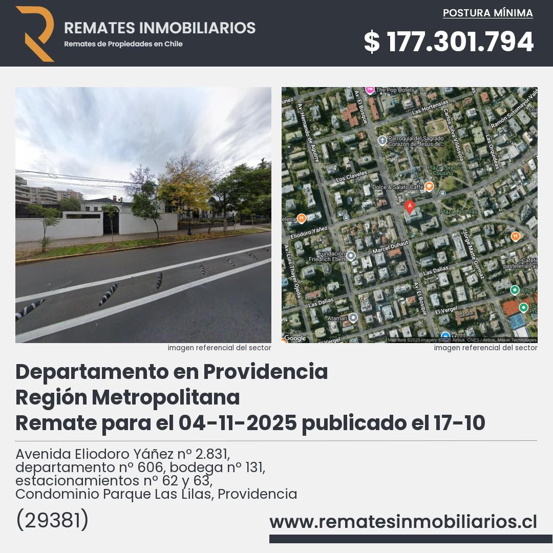 Imagen ficha Avenida Eliodoro Yáñez nº 2.831, departamento nº 606, bodega nº 131, estacionamientos nº 62 y 63, Condominio Parque Las Lilas, Providencia