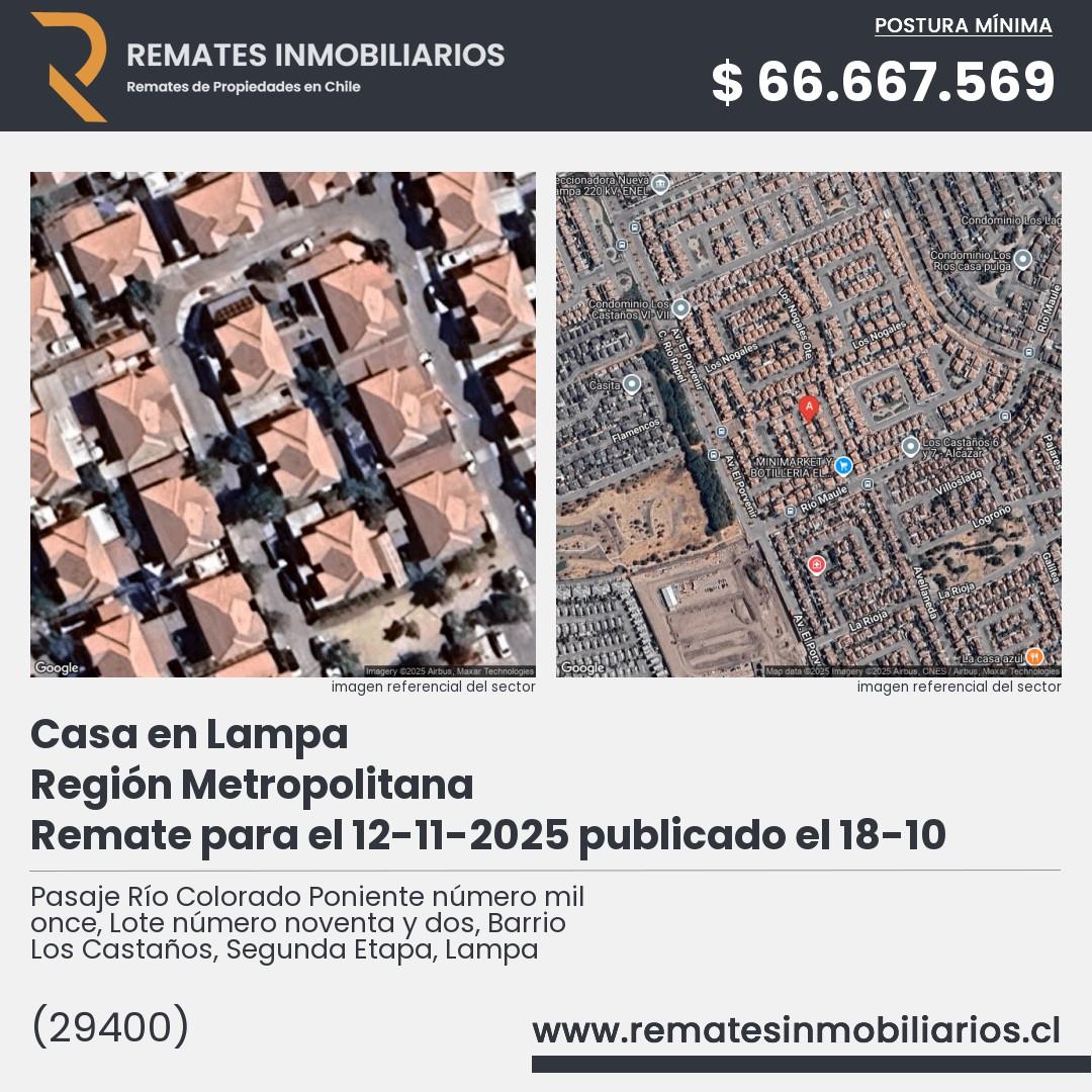 Imagen ficha Pasaje Río Colorado Poniente número mil once, Lote número noventa y dos, Barrio Los Castaños, Segunda Etapa, Lampa