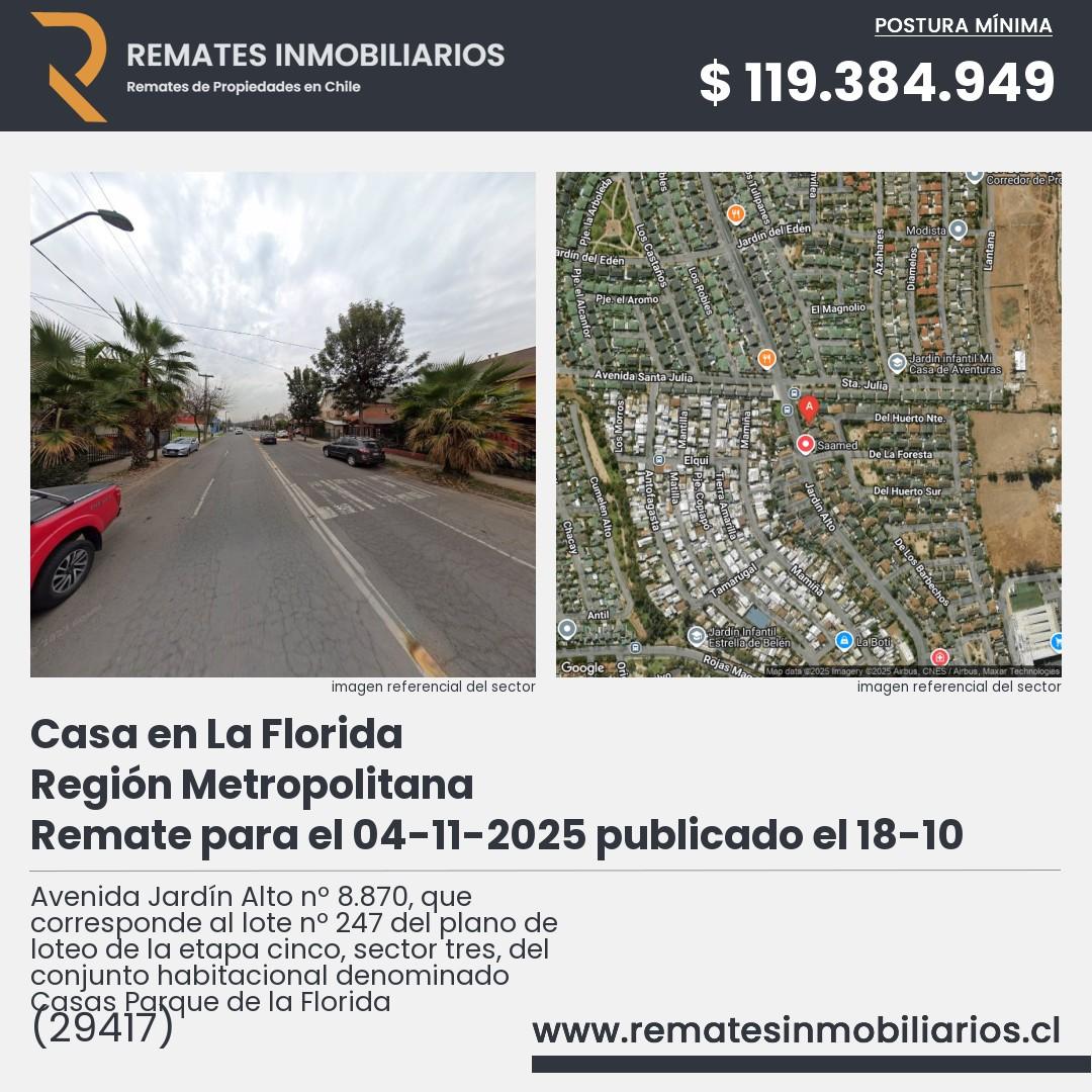 Imagen ficha Avenida Jardín Alto nº 8.870, que corresponde al lote nº 247 del plano de loteo de la etapa cinco, sector tres, del conjunto habitacional denominado Casas Parque de la Florida