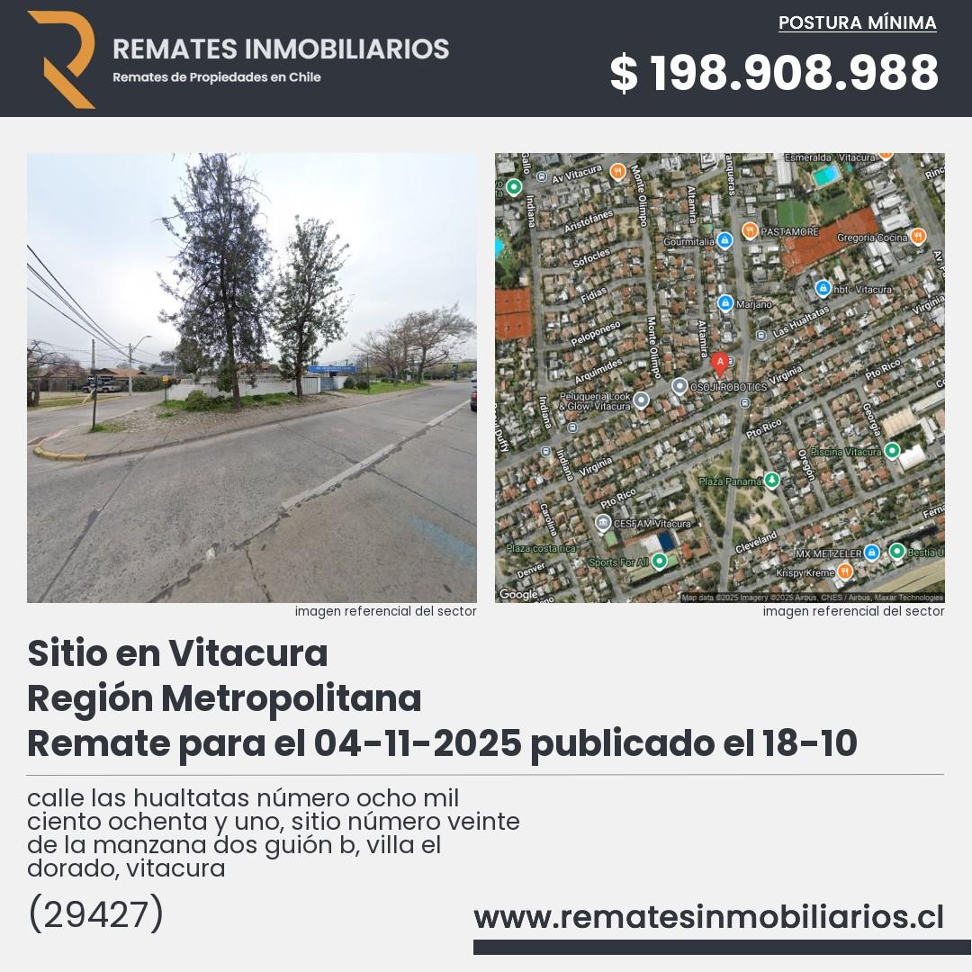Imagen ficha calle las hualtatas número ocho mil ciento ochenta y uno, sitio número veinte de la manzana dos guión b, villa el dorado, vitacura