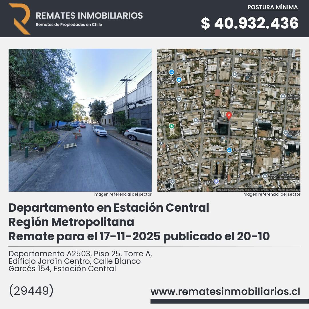 Imagen ficha Departamento A2503, Piso 25, Torre A, Edificio Jardín Centro, Calle Blanco Garcés 154, Estación Central