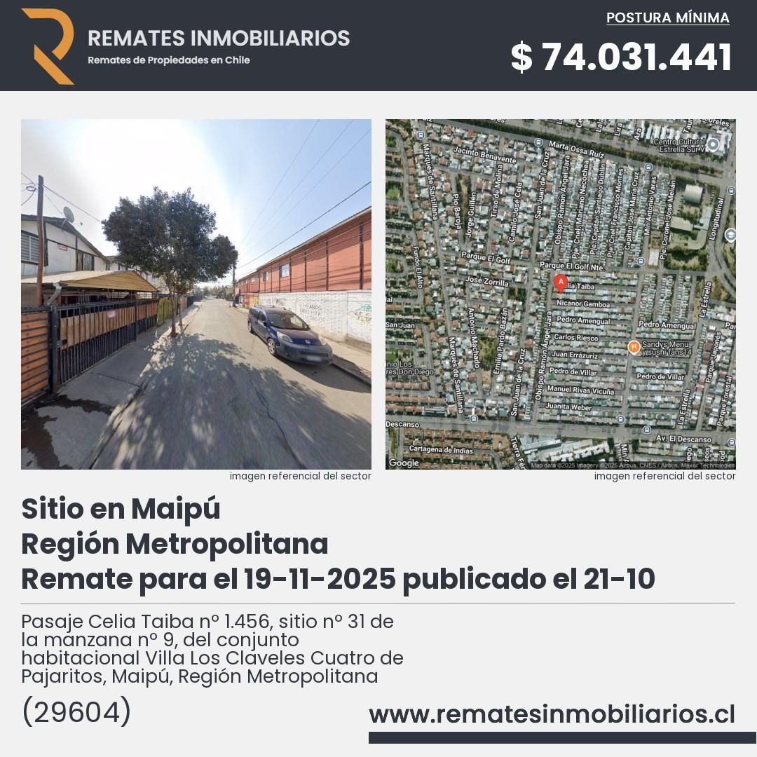 Imagen ficha Pasaje Celia Taiba nº 1.456, sitio nº 31 de la manzana nº 9, del conjunto habitacional Villa Los Claveles Cuatro de Pajaritos, Maipú, Región Metropolitana