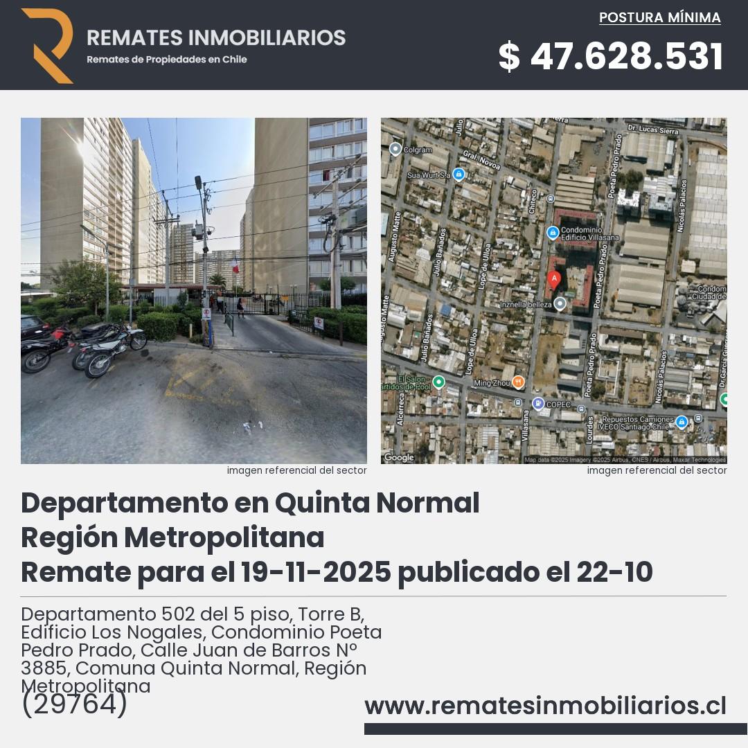 Imagen ficha Departamento 502 del 5 piso, Torre B, Edificio Los Nogales, Condominio Poeta Pedro Prado, Calle Juan de Barros Nº 3885, Comuna Quinta Normal, Región Metropolitana
