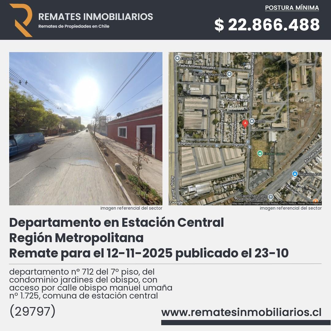 Imagen ficha departamento n° 712 del 7º piso, del condominio jardines del obispo, con acceso por calle obispo manuel umaña nº 1.725, comuna de estación central