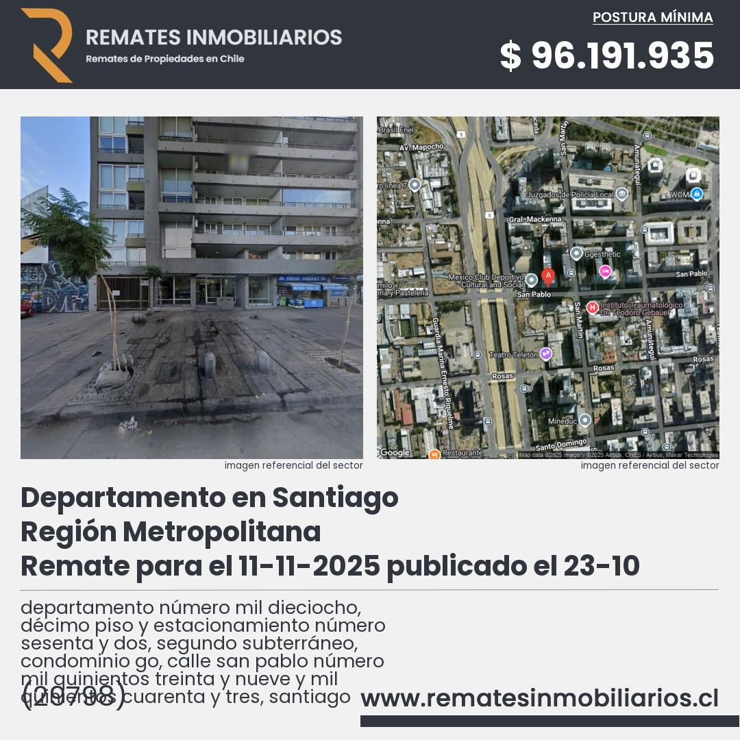 Imagen ficha departamento número mil dieciocho, décimo piso y estacionamiento número sesenta y dos, segundo subterráneo, condominio go, calle san pablo número mil quinientos treinta y nueve y mil quinientos cuarenta y tres, santiago