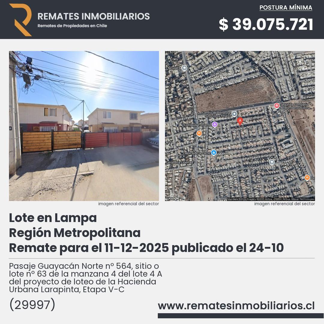 Imagen ficha Pasaje Guayacán Norte nº 564, sitio o lote nº 63 de la manzana 4 del lote 4 A del proyecto de loteo de la Hacienda Urbana Larapinta, Etapa V-C