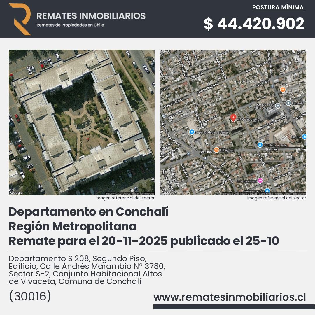 Imagen ficha Departamento S 208, Segundo Piso, Edificio, Calle Andrés Marambio Nº 3780, Sector S-2, Conjunto Habitacional Altos de Vivaceta, Comuna de Conchalí