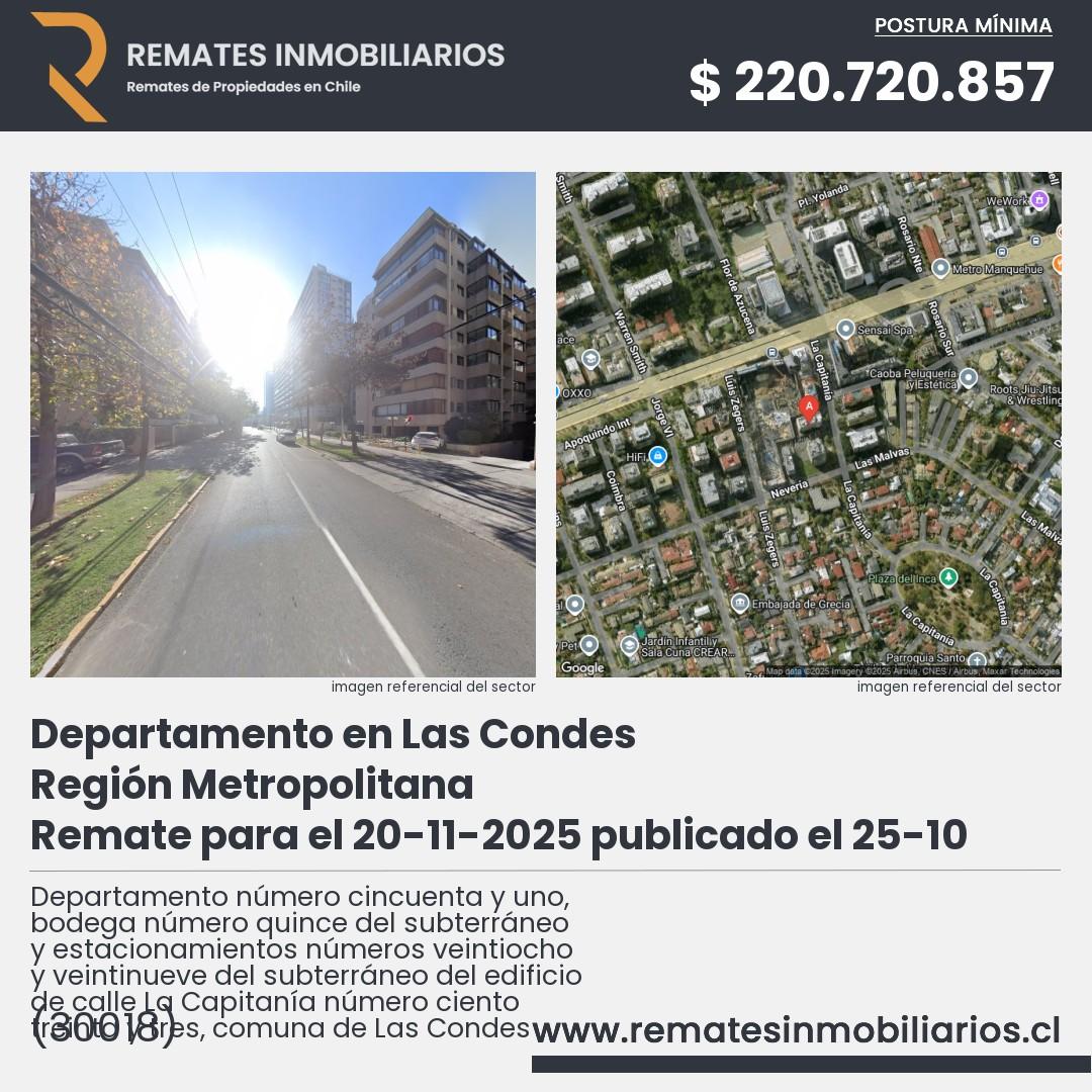 Imagen ficha Departamento número cincuenta y uno, bodega número quince del subterráneo y estacionamientos números veintiocho y veintinueve del subterráneo del edificio de calle La Capitanía número ciento treinta y tres, comuna de Las Condes