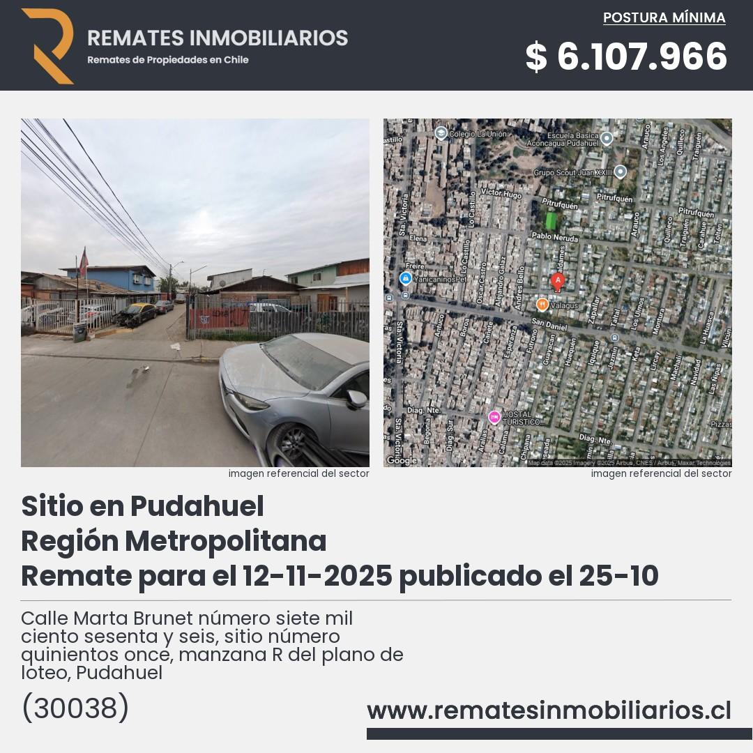 Imagen ficha Calle Marta Brunet número siete mil ciento sesenta y seis, sitio número quinientos once, manzana R del plano de loteo, Pudahuel