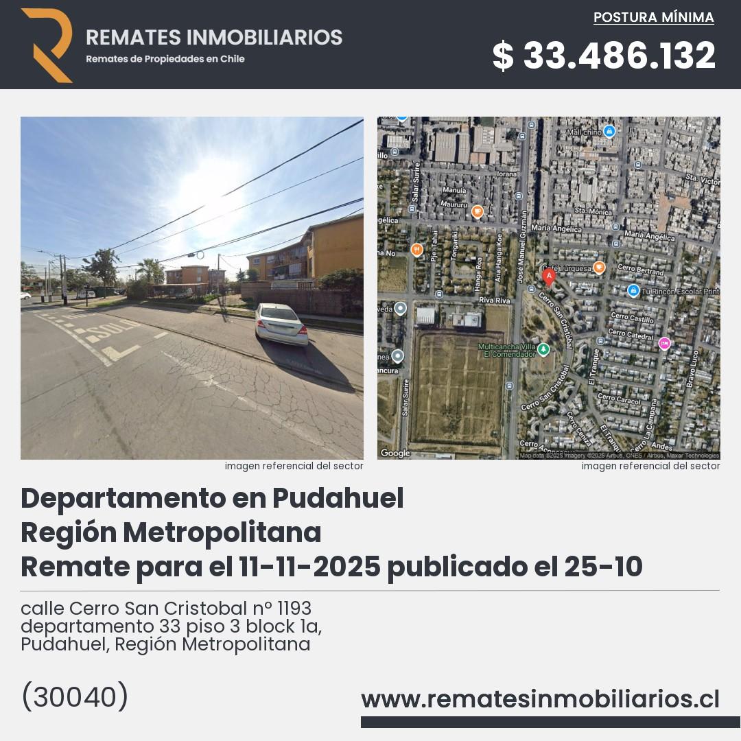Imagen ficha calle Cerro San Cristobal nº 1193 departamento 33 piso 3 block 1a, Pudahuel, Región Metropolitana