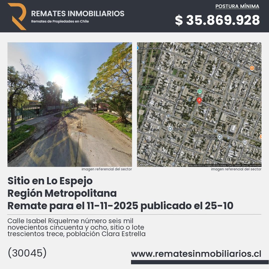 Imagen ficha Calle Isabel Riquelme número seis mil novecientos cincuenta y ocho, sitio o lote trescientos trece, población Clara Estrella
