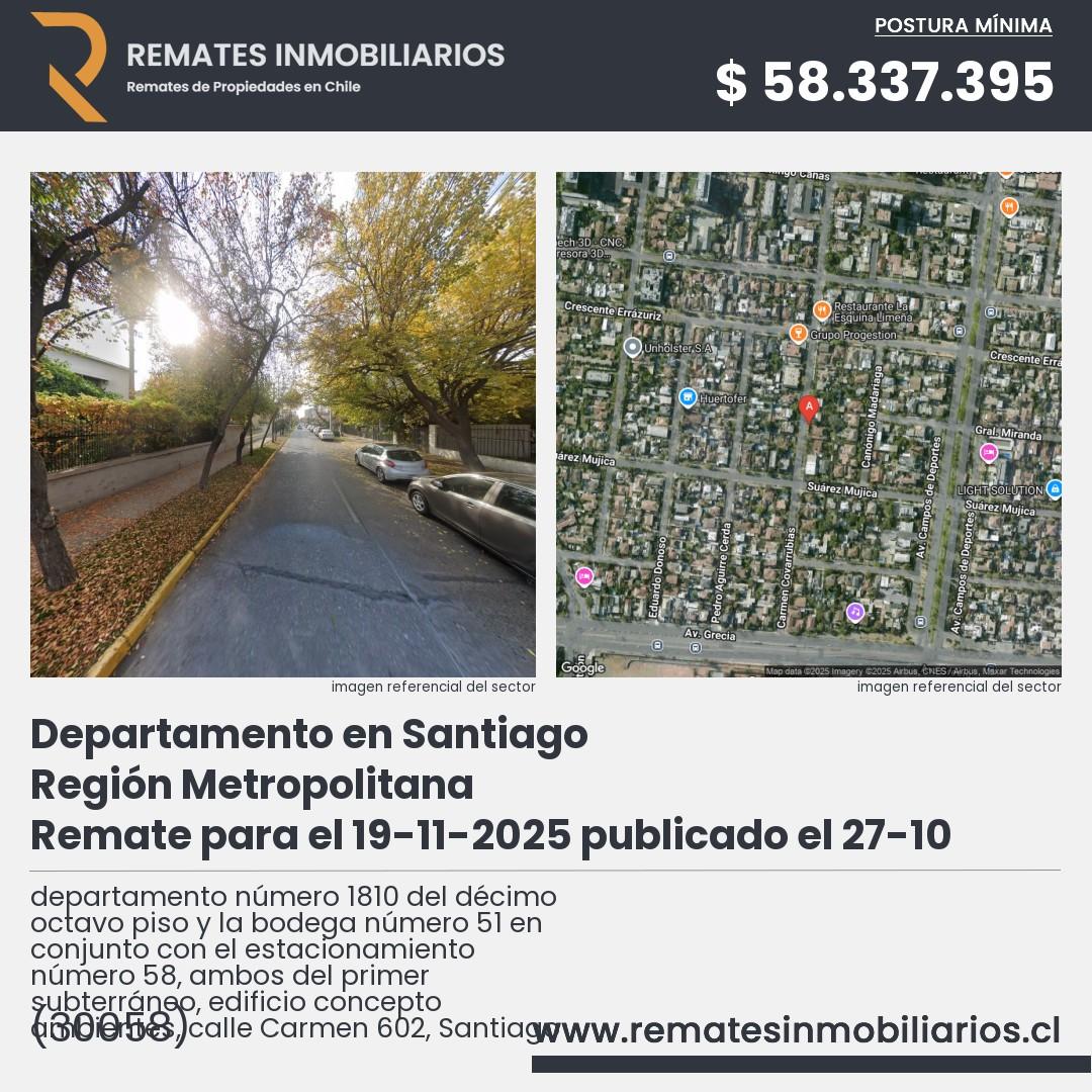 Imagen ficha departamento número 1810 del décimo octavo piso y la bodega número 51 en conjunto con el estacionamiento número 58, ambos del primer subterráneo, edificio concepto ambientes, calle Carmen 602, Santiago
