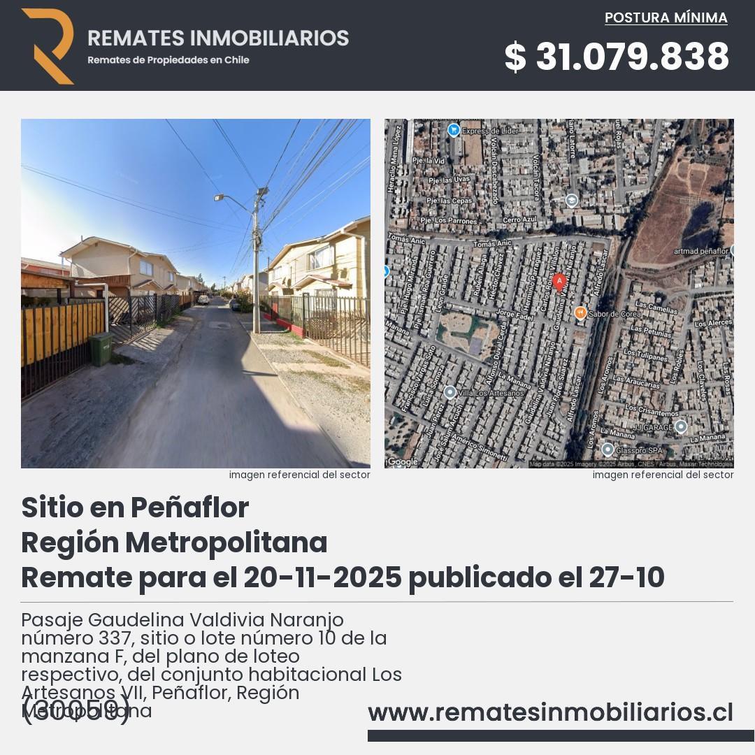 Imagen ficha Pasaje Gaudelina Valdivia Naranjo número 337, sitio o lote número 10 de la manzana F, del plano de loteo respectivo, del conjunto habitacional Los Artesanos VII, Peñaflor, Región Metropolitana