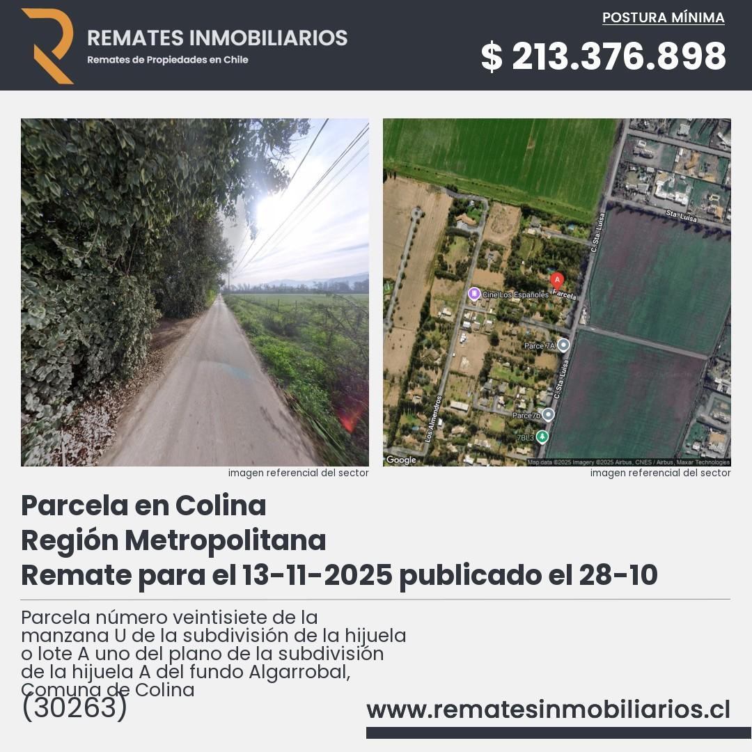 Imagen ficha Parcela número veintisiete de la manzana U de la subdivisión de la hijuela o lote A uno del plano de la subdivisión de la hijuela A del fundo Algarrobal, Comuna de Colina