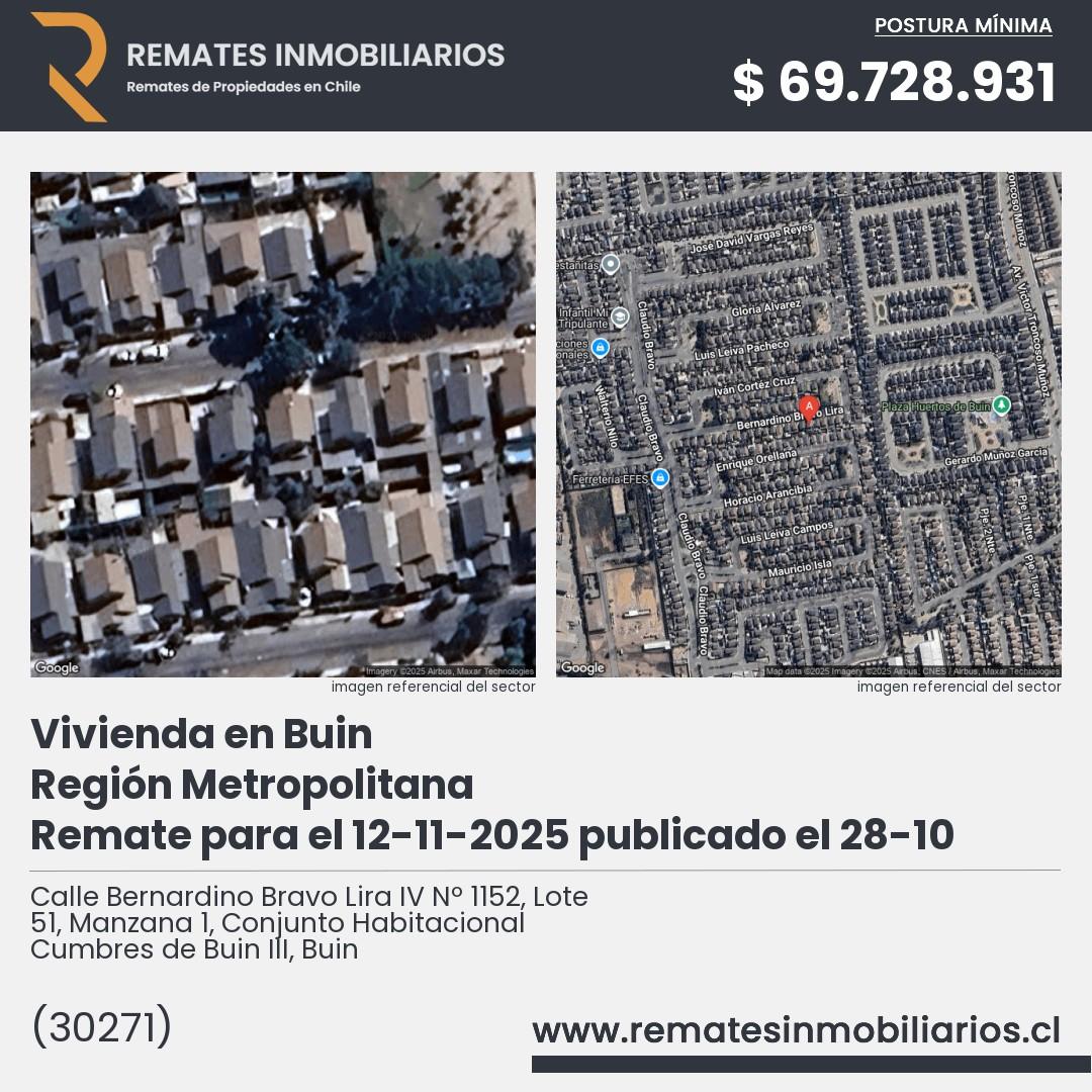 Imagen ficha Calle Bernardino Bravo Lira IV Nº 1152, Lote 51, Manzana 1, Conjunto Habitacional Cumbres de Buin III, Buin