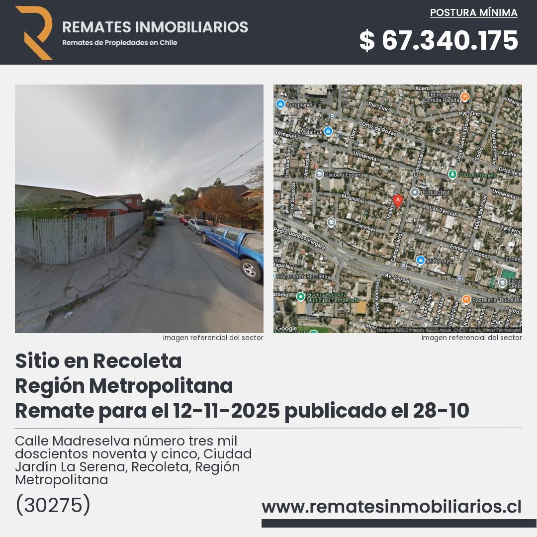 Imagen ficha Calle Madreselva número tres mil doscientos noventa y cinco, Ciudad Jardín La Serena, Recoleta, Región Metropolitana