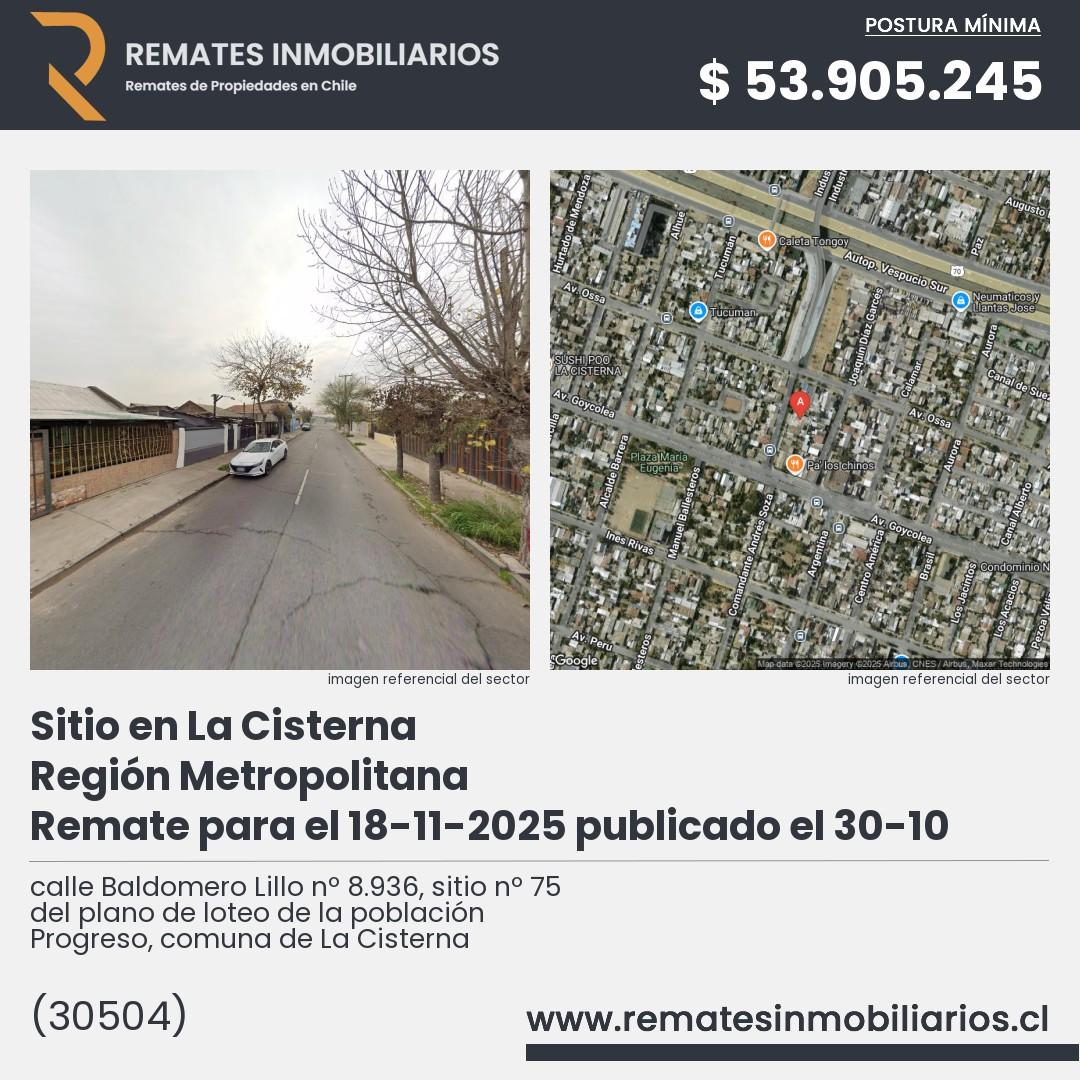 Imagen ficha calle Baldomero Lillo nº 8.936, sitio nº 75 del plano de loteo de la población Progreso, comuna de La Cisterna