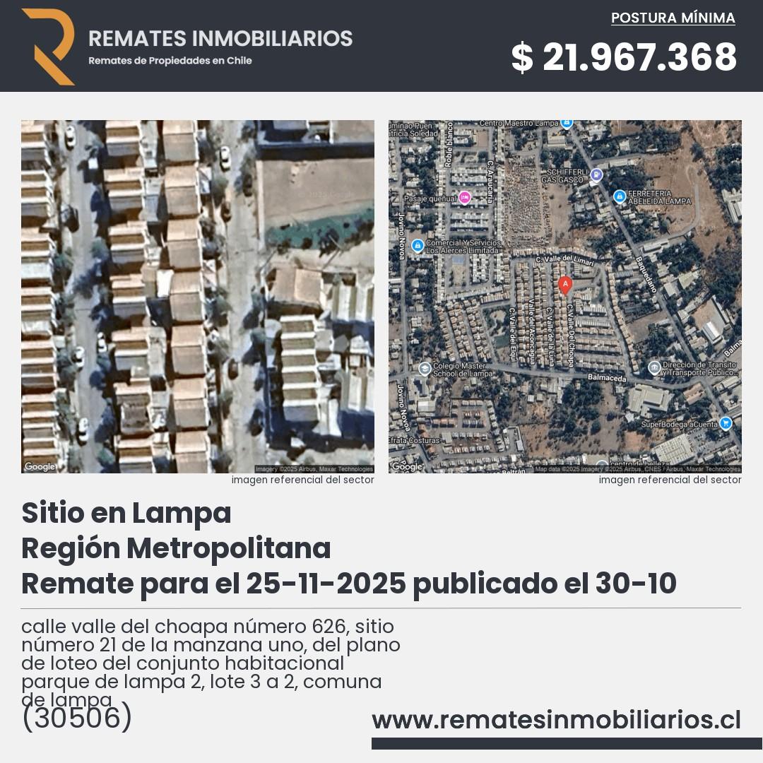 Imagen ficha calle valle del choapa número 626, sitio número 21 de la manzana uno, del plano de loteo del conjunto habitacional parque de lampa 2, lote 3 a 2, comuna de lampa