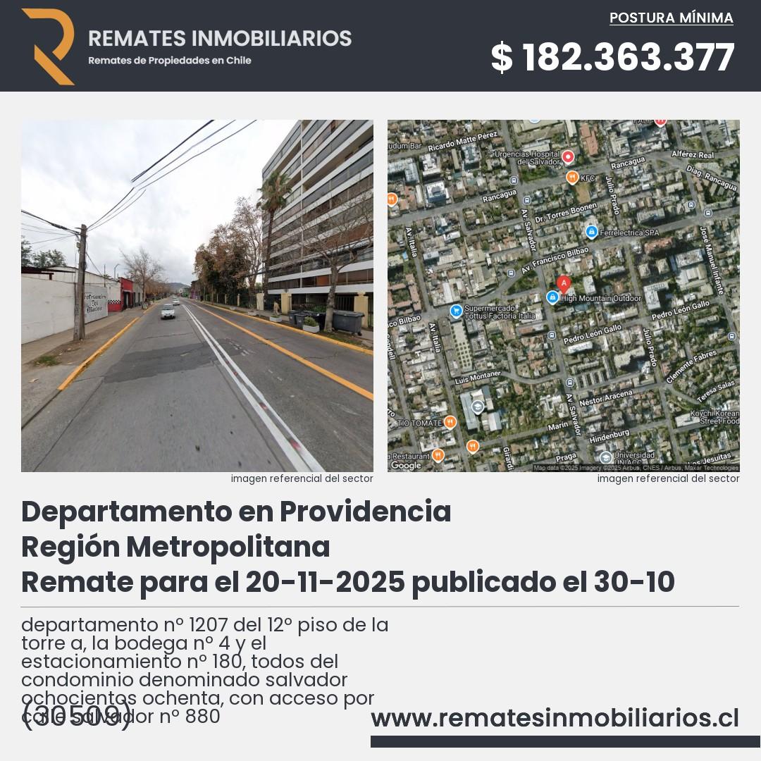 Imagen ficha departamento nº 1207 del 12º piso de la torre a, la bodega nº 4 y el estacionamiento nº 180, todos del condominio denominado salvador ochocientos ochenta, con acceso por calle salvador nº 880