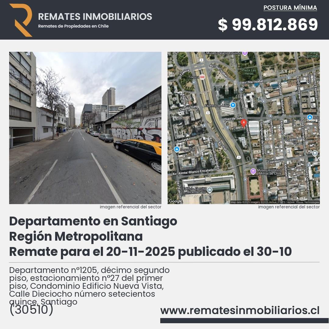 Imagen ficha Departamento n°1205, décimo segundo piso, estacionamiento n°27 del primer piso, Condominio Edificio Nueva Vista, Calle Dieciocho número setecientos quince, Santiago