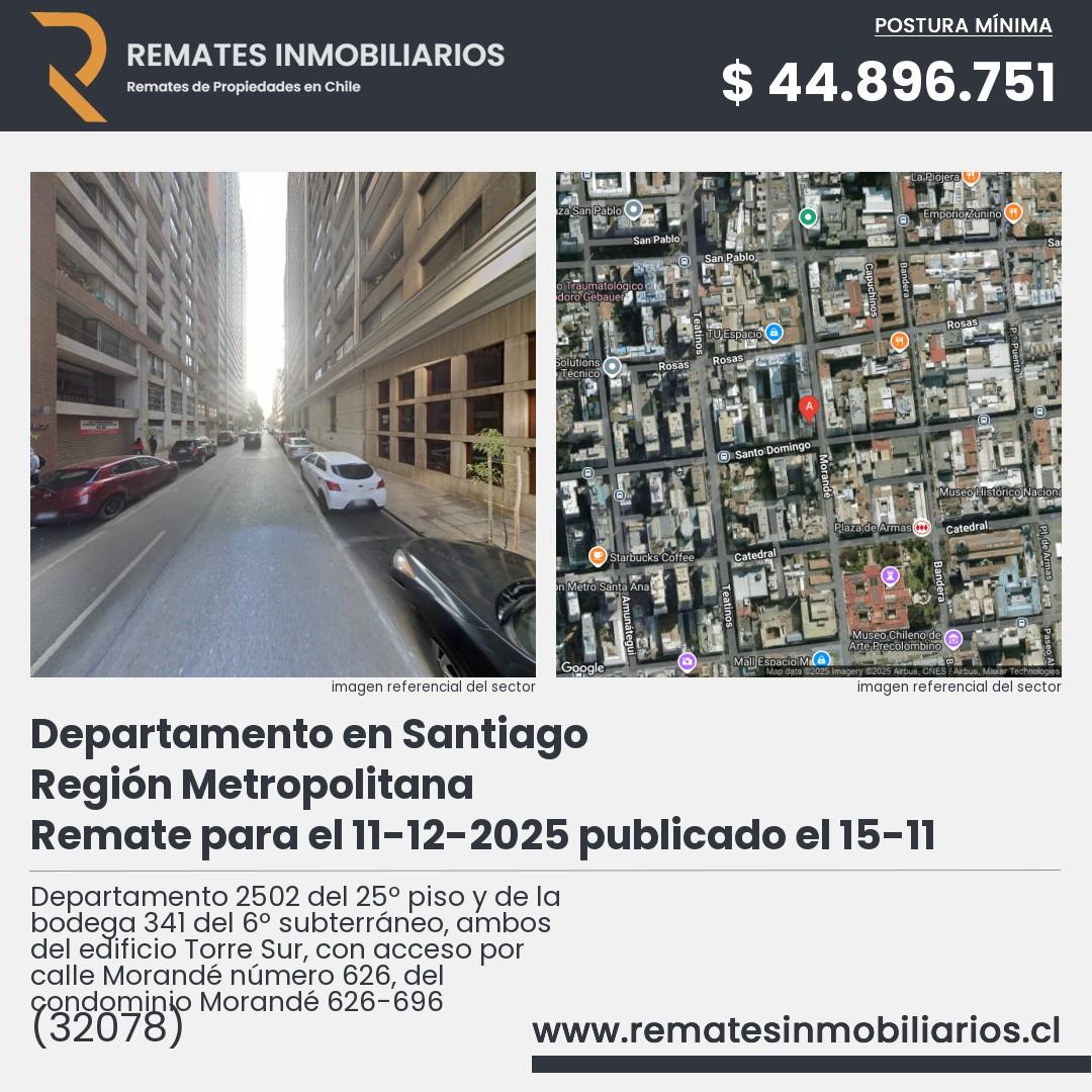Imagen ficha Departamento 2502 del 25º piso y de la bodega 341 del 6º subterráneo, ambos del edificio Torre Sur, con acceso por calle Morandé número 626, del condominio Morandé 626-696