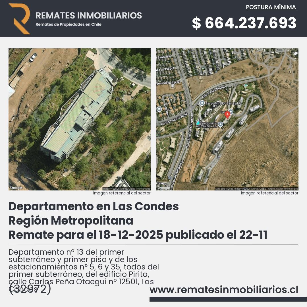 Imagen ficha Departamento nº 13 del primer subterráneo y primer piso y de los estacionamientos n° 5, 6 y 35, todos del primer subterráneo, del edificio Pirita, calle Carlos Peña Otaegui nº 12501, Las Condes