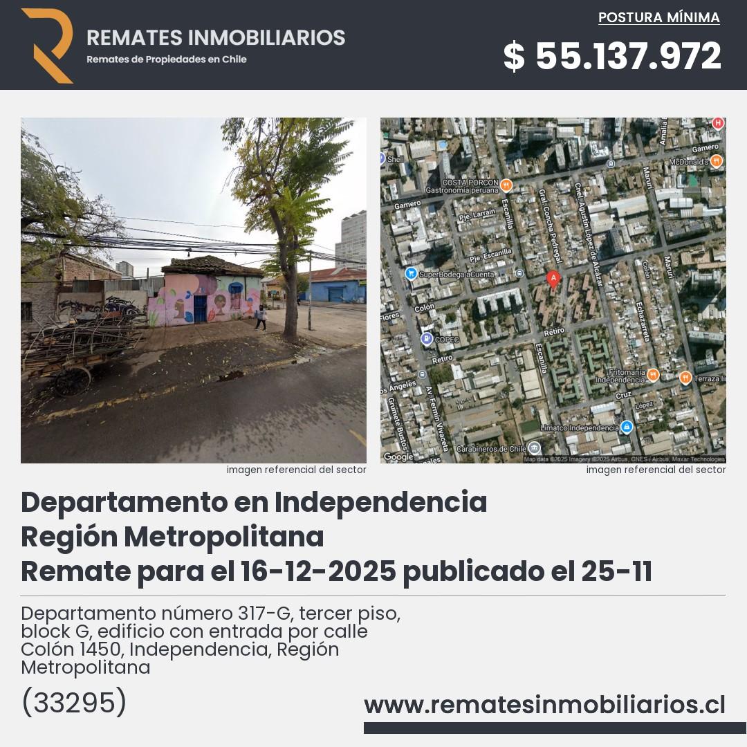Imagen ficha Departamento número 317-G, tercer piso, block G, edificio con entrada por calle Colón 1450, Independencia, Región Metropolitana