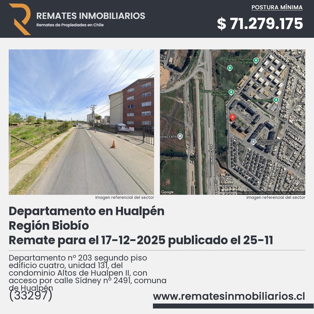 Imagen ficha Departamento nº 203 segundo piso edificio cuatro, unidad 131, del condominio Altos de Hualpen II, con acceso por calle Sídney nº 2491, comuna de Hualpén
