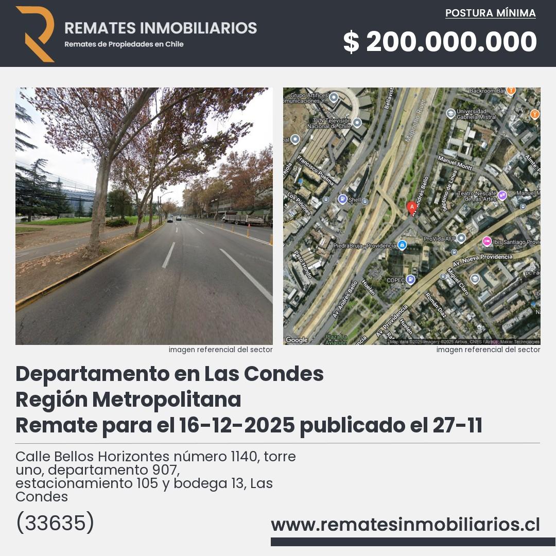 Imagen ficha Calle Bellos Horizontes número 1140, torre uno, departamento 907, estacionamiento 105 y bodega 13, Las Condes