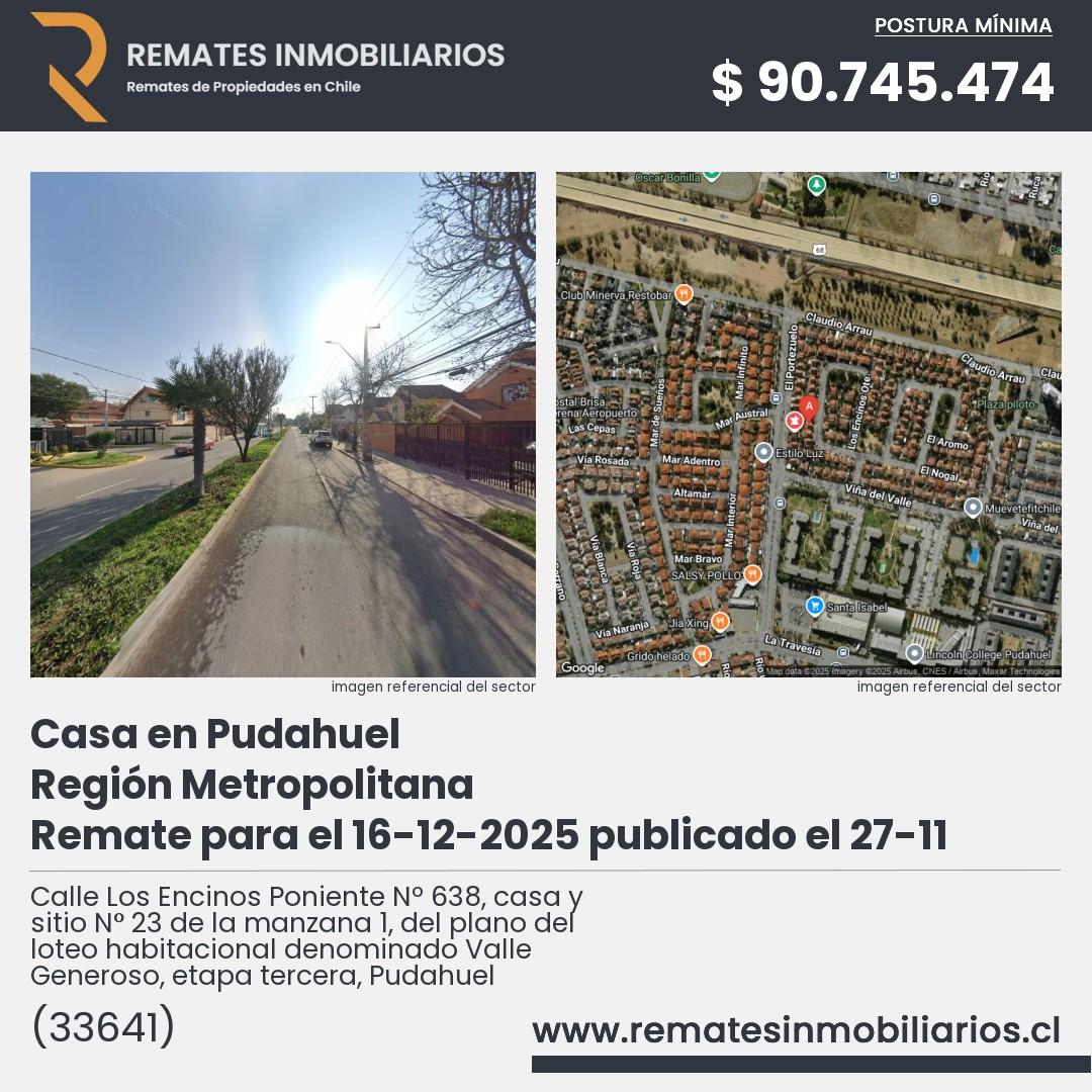Imagen ficha Calle Los Encinos Poniente Nº 638, casa y sitio N° 23 de la manzana 1, del plano del loteo habitacional denominado Valle Generoso, etapa tercera, Pudahuel
