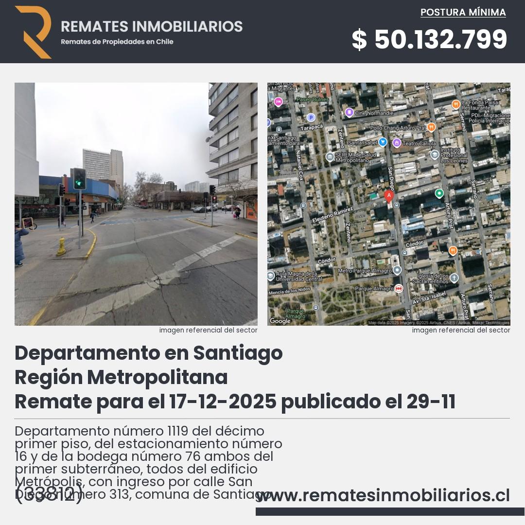 Imagen ficha Departamento número 1119 del décimo primer piso, del estacionamiento número 16 y de la bodega número 76 ambos del primer subterráneo, todos del edificio Metrópolis, con ingreso por calle San Diego número 313, comuna de Santiago