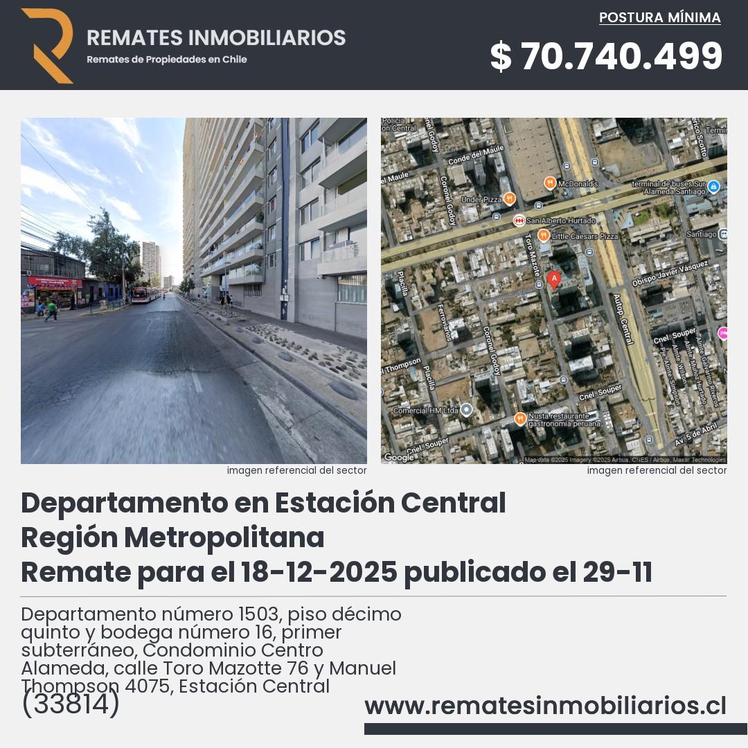 Imagen ficha Departamento número 1503, piso décimo quinto y bodega número 16, primer subterráneo, Condominio Centro Alameda, calle Toro Mazotte 76 y Manuel Thompson 4075, Estación Central
