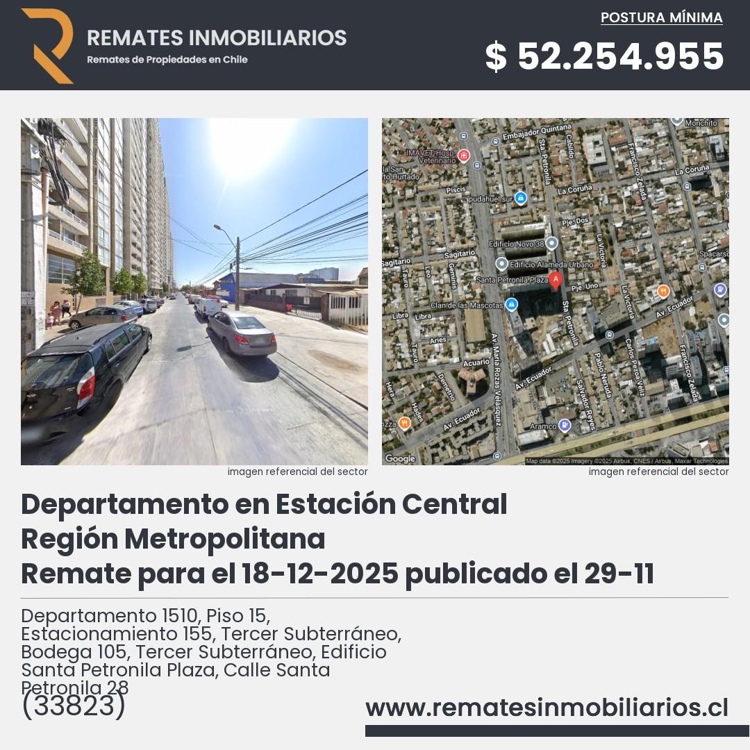 Imagen ficha Departamento 1510, Piso 15, Estacionamiento 155, Tercer Subterráneo, Bodega 105, Tercer Subterráneo, Edificio Santa Petronila Plaza, Calle Santa Petronila 28